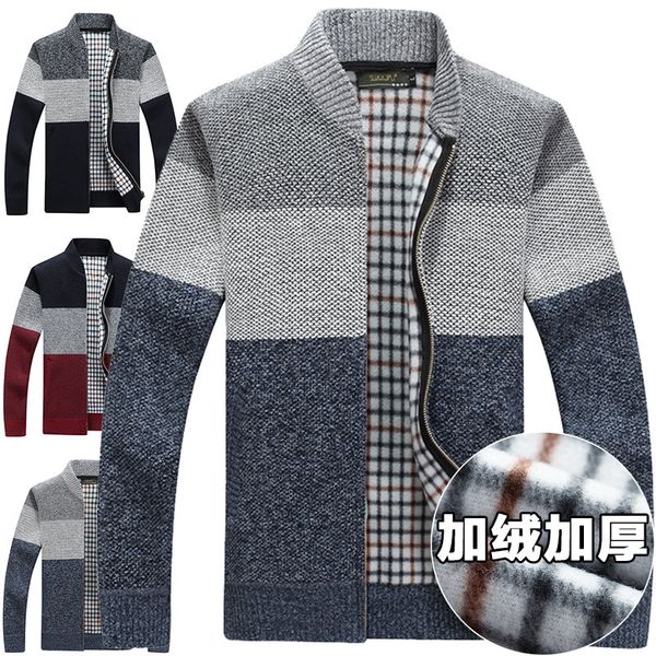 

new autumn winter wear men long sleeve knitted sweater v-neck thick coat patchwork wool cardigan casual zipper dropshopping, White;black