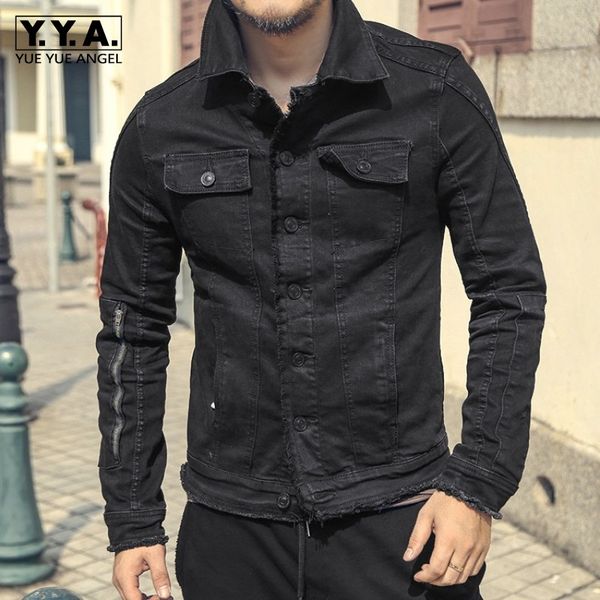 

fashion mens slim fit black denim jacket motorcycle cowboy coat single breasted casual tassel streetwear biker male jeans jacket, Black;brown