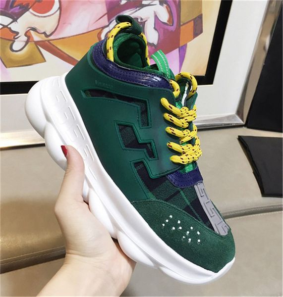 

2019 Новые X2Versace Chain Reaction 2 Chainz Черный Мужчины Женщины Повседневная обувь Аутентичные Натуральная Кожа Цепные Реакционные Кроссовки Размер 35-46