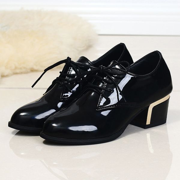 

genuine leather thick high heel shoes winter inside plush women fashion patent leather pointed toe pumps dfv67, Black