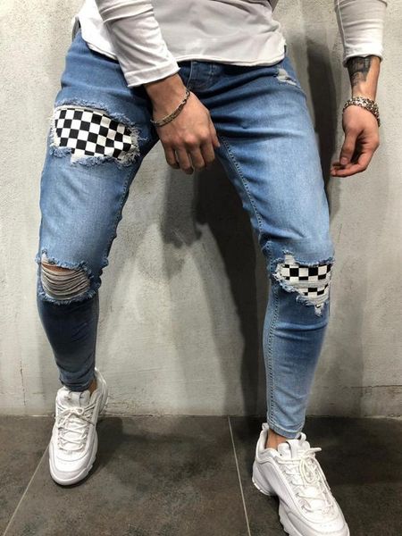 

mens cool designer brand pencil jeans skinny ripped destroyed stretch slim fit hop hop pants with holes for men jeans grid, Blue