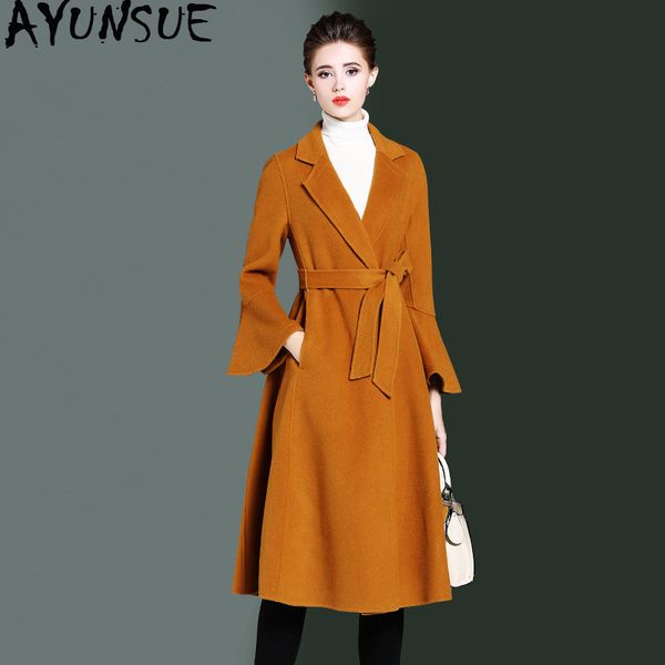 

ayunsue 100% wool coat female jacket autumn winter jacket women double side woolen coats korean long casaco feminino my, Black