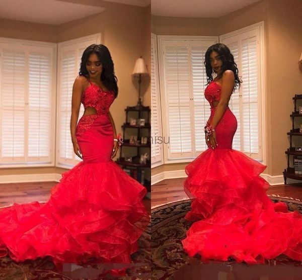 

red mermaid prom dresses 2021 spaghetti cutaway sides sweep train appliques cascading ruffles beads long formal evening party gowns vestidos, Black