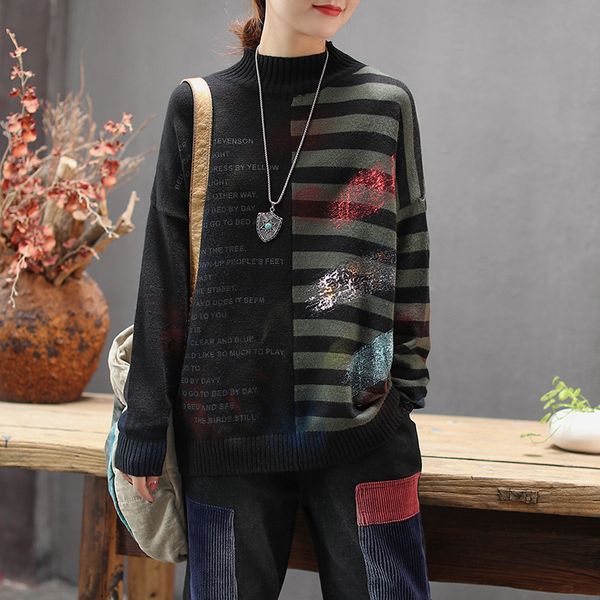

autumn winter sweater retro women loose knitting pullovers 2019 new ladies o-neck striped casual all-match sweater, White;black