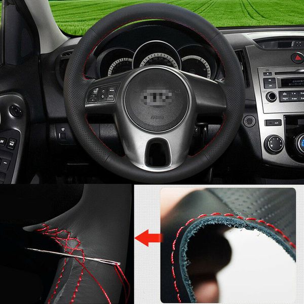 

for kia forte diy steering wheel hand-stitch on wrap cover black leather