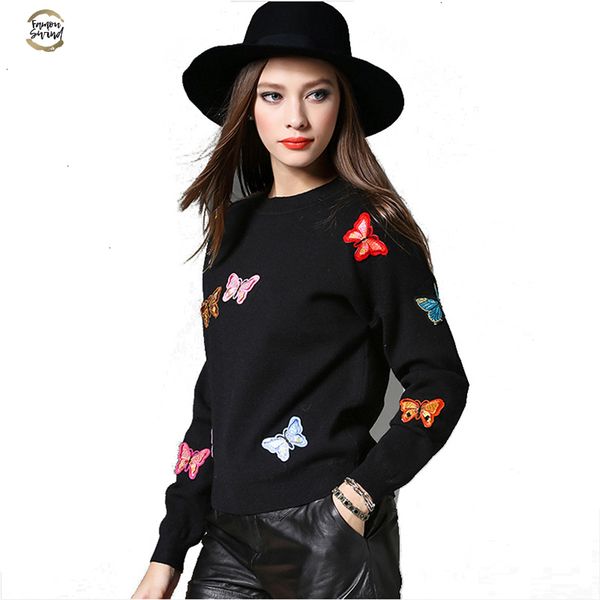 

2019 winter women sweaters and pullovers knitted butterfly appliques sweater long sleeve women casual autumn sweater femme, White;black