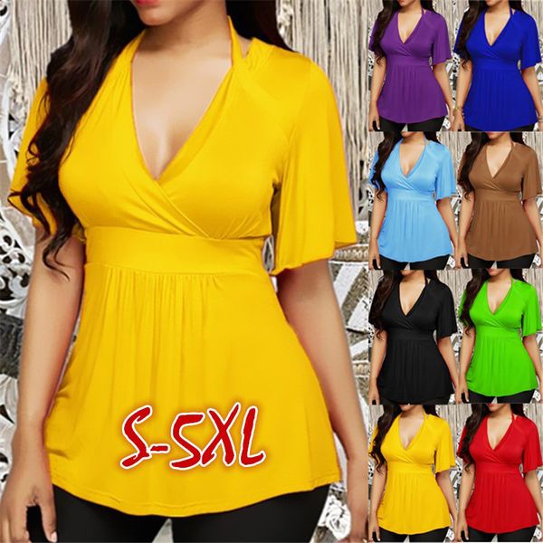 

plus size 6xl halter women t-shirt faux 2 pieces v-neck short sleeve high waist female t-shirts 2020 summer slim casual lady top, White