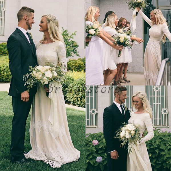 

fantastic light champagne bohemian wedding gowns long sleeve 3d embellishments lace country garden wedding dresses forest beaded neck line, White