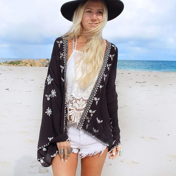 

women beach cover up long sleeve slim casual open stitch vintage floral embroidery women beach shirt coat boho, Blue;gray