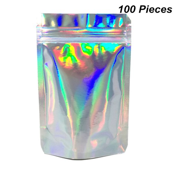Multi Sizes 100 Pieces Glittery Stand Up Aluminum Foil Zipper Food Storage Grocery Bag Doypack Reusable Mylar Foil Zipper Snack Bean Pouch
