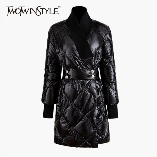 

twotwinstyle argyle patchwork cotton coats female turtleneck long sleeve high waist tunic women's parka 2019 fashion clothes new, Black