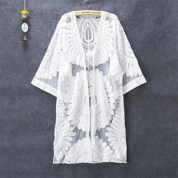 

2019 new embroidered sheer swimsuit cover ups see through lace bikini cover up women tunic robe de plage beach up cardigan, Blue;gray
