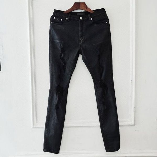 

2020 cool spring summer europe luxury black men broken hole waxed waxing jeans pants casual denim pants trousers, Blue