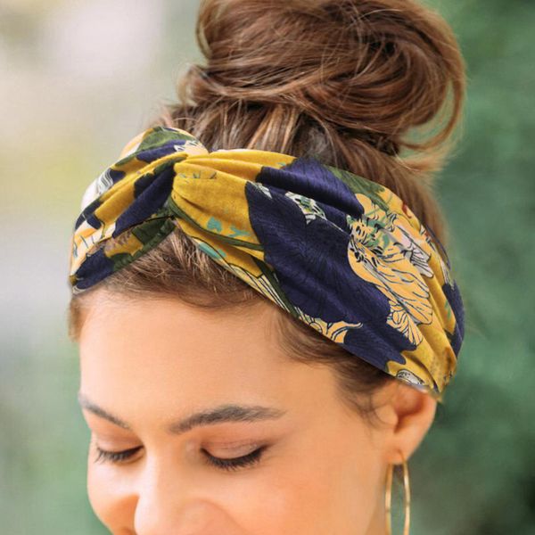 

twist elastic head wrap turban bandana hairband cross knot print bohemian headband flower hair accessories for women, Golden;white