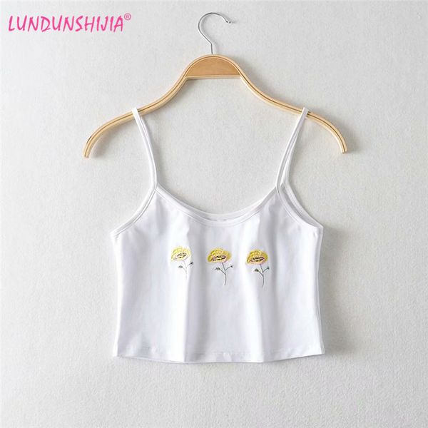 

lundunshijia new 2020 fashion summer flowers embroidery camisole women streetwear white cotton basic crop top