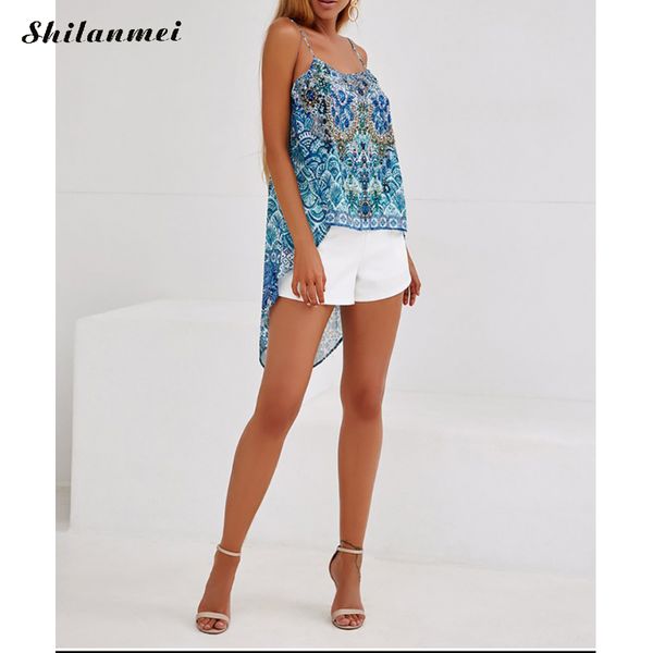 

casual loose boho beach vest women camis bohemian print cami summer spaghetti strap camisole back split, White
