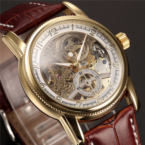 

men wrist watches luxury golden skeleton mechanical steampunk male clock automatic wristwatch leather strap herren horloges, Slivery;brown