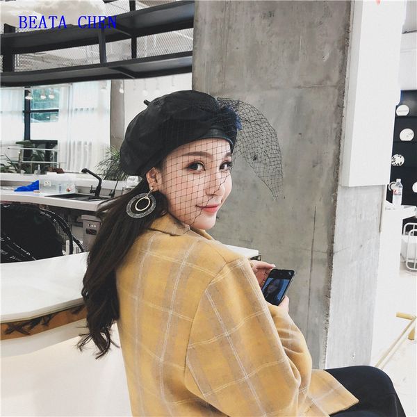 

beata chen autumn winter new lady beret artificial leather british vintage lace small cap net yarn bow stewardess cap, Blue;gray