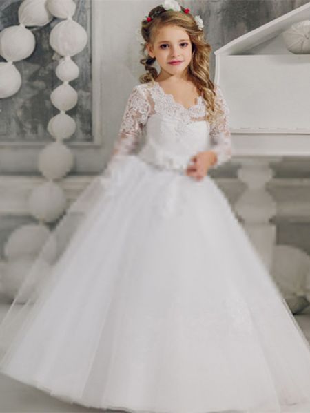 2020 Beach Flower Girl Abiti Bianco Avorio Boho First Comunione Dress per bambina Abito da sposa per bambini a maniche lunghe