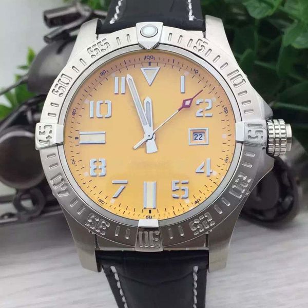 

good sale br 1884 blackbird 44 avenger seawolf yellow dial automatic mechanical leather band white steel bezel outdoor mens watches, Slivery;brown