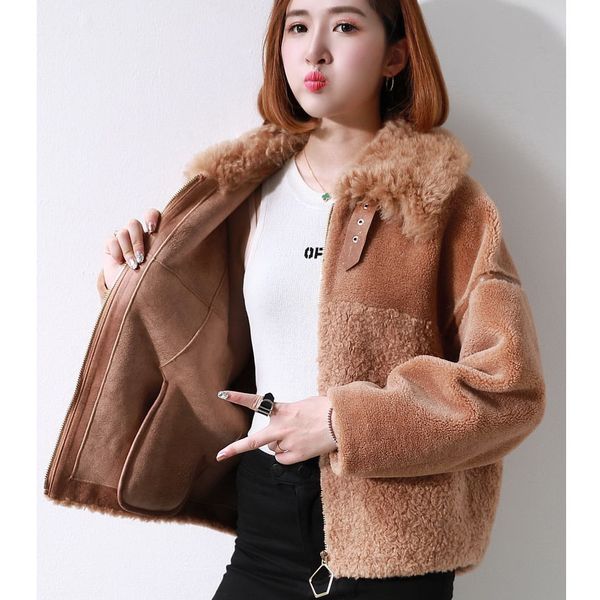 

real wool jacket women natural fur coat outerwear with wool collar 2019 autumn winter, Black