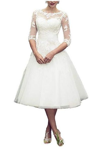 

elegant half sleeves wedding dresses short scoop neck lace appliques sheer back a line tea length bridal gowns for wedding, White