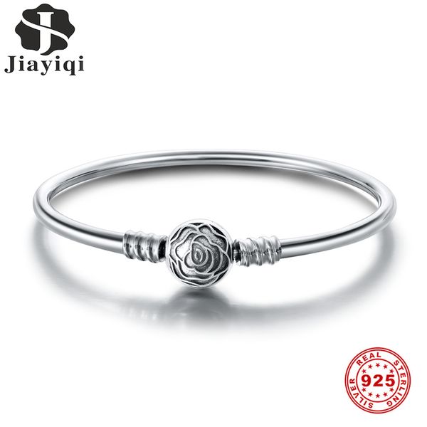 

jiayiqi 17-20cm silver bangle 925 sterling silver rose round clip charm smooth tube bracelets for women fit jewelry diy, White