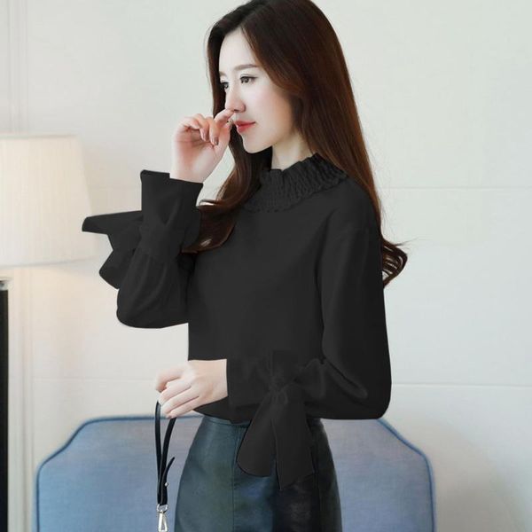 

vintage button short women strapless blouses fashion loose solid color turtleneck shirt bow long sleeve shirts mg3, White