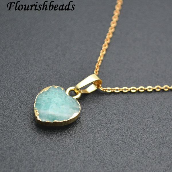 

natural amazonite faceted stone heart pendant linked chains necklace fashion jewelry, Silver
