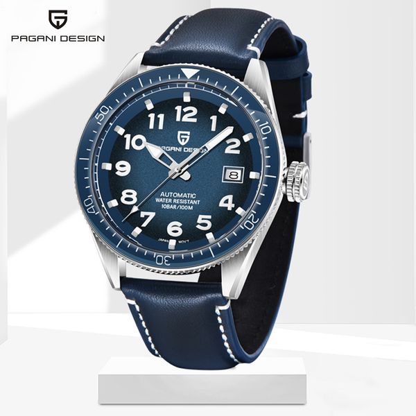 

nh35 pagani design automatic mechanical mens watch casual leather men watches sports waterproof blue face clock, Slivery;brown