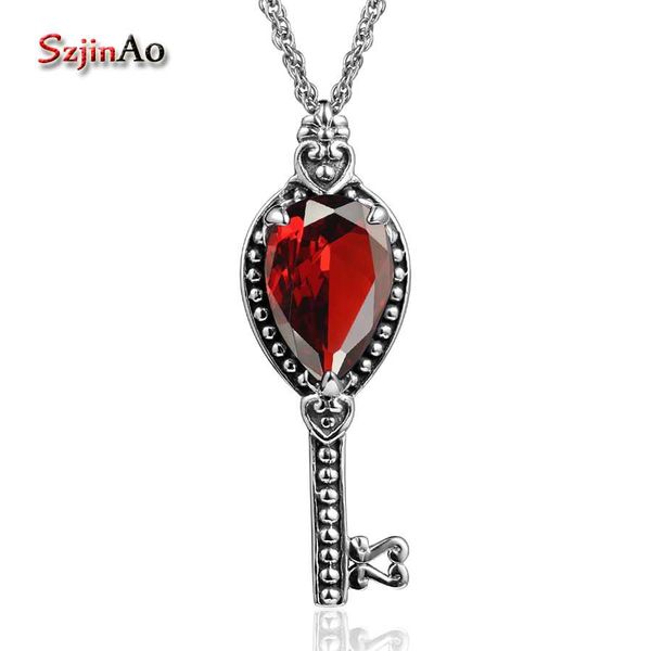 

szjinao vintage women necklace 925 sterling silver key pendant handmade lab garnet choker pendant wedding party fine jewelry