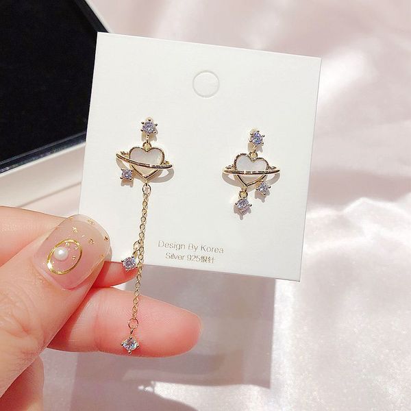 

high-end natural shell heart earrings gold color asymmetrical zircon tassel dangle earrings women jewelry, Silver