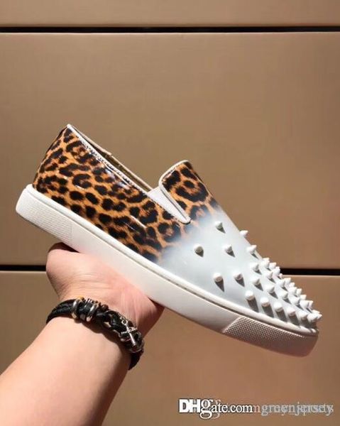 

brand red bottom men sneakers white patent leather gradient leopard print roller-boat men's flat sneaker shoes slip-on studs pik boat s, Black