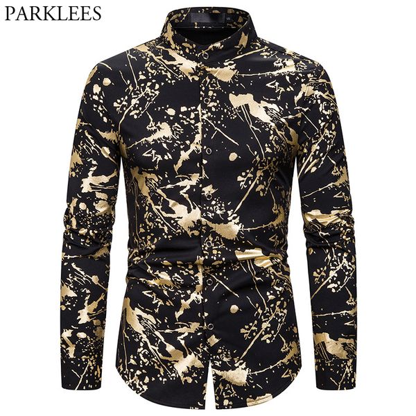 

gold splash ink bronzing nightclub shirt men 2020 brand banded collar mens dress shirts party prom wedding chemise homme homme, White;black