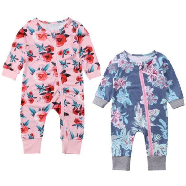 

newborn baby girls flower long sleeve romper zipper jumpsuit outfits casual clothes baby clothing, Blue