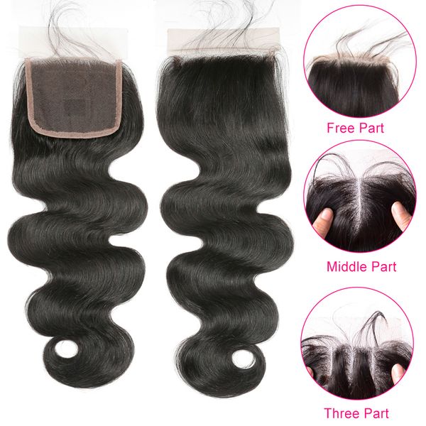 

peruvian body wave closure human hair lace closure three/middle/part 4x4 closures pre plucked with baby hair 10-24 inch remy beyo, Black
