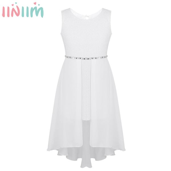 

iiniim 6-14 years kids teen sleeveless sparkly rhinestone waist high-low hem dress for birthday casual party dress for girls y200226, Red;yellow