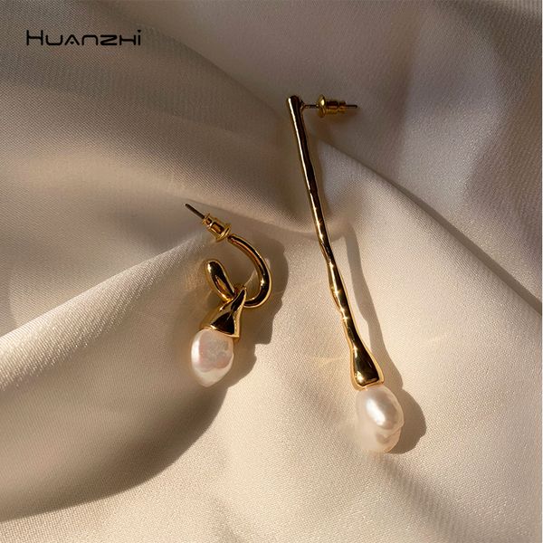 

huanzhi 2019 925s серебряная игла асимметрия природный жемчуг воды капельной золото металл длинные серьги падения для девушки женщин ретро ю, Silver
