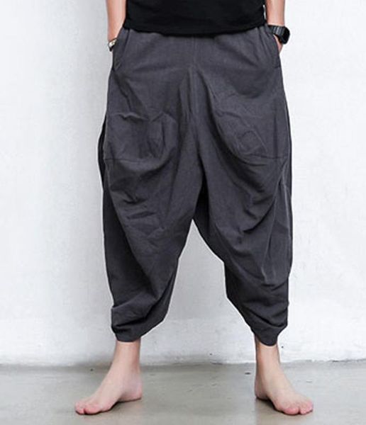 

мужчины женщины японский самурай стиль boho вскользь низкий падения промежность сыпучие fit гарем багги hakama capri обрезанные льняные брюк, Black