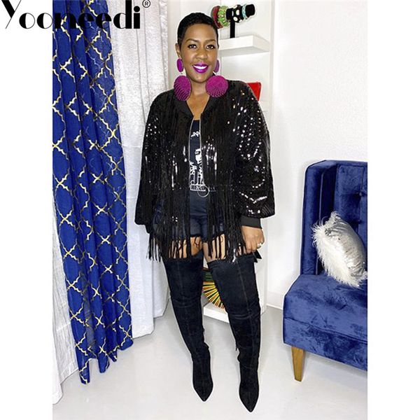 

yooneedi 2019 autumn design women coats color solid sequins tassel ladies outwear cy-8184, Black