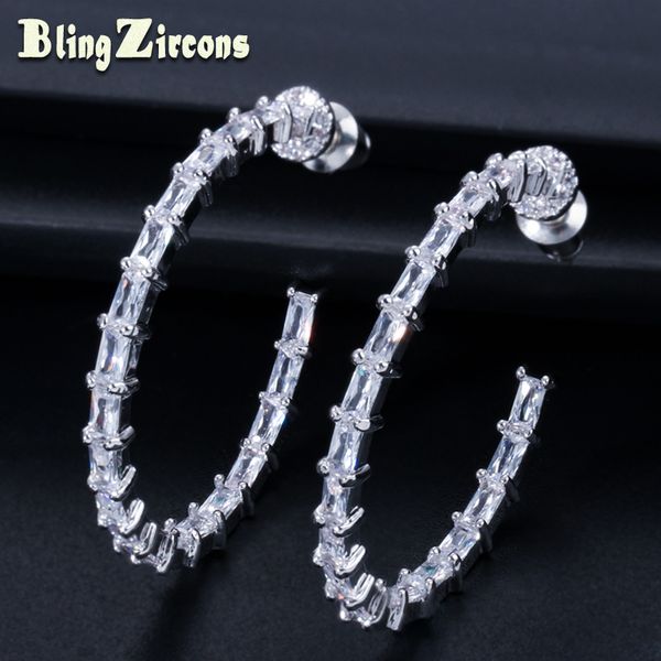 

beaqueen fashion 925 sterling silver pin big circle round hoop earring clear baguette cubic zircon crystal lady jewelry e219, Golden;silver