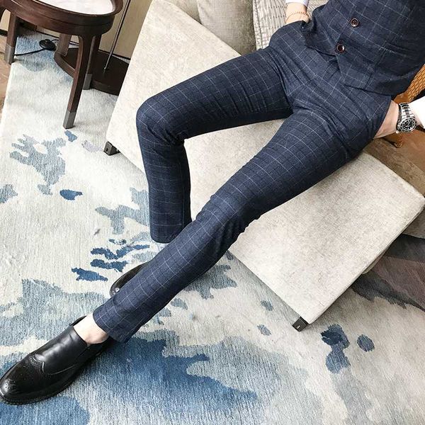 

2019 новый бутик моды плед мужской повседневный деловой костюм брюки жених свадебное платье мужские синие брюки, White;black