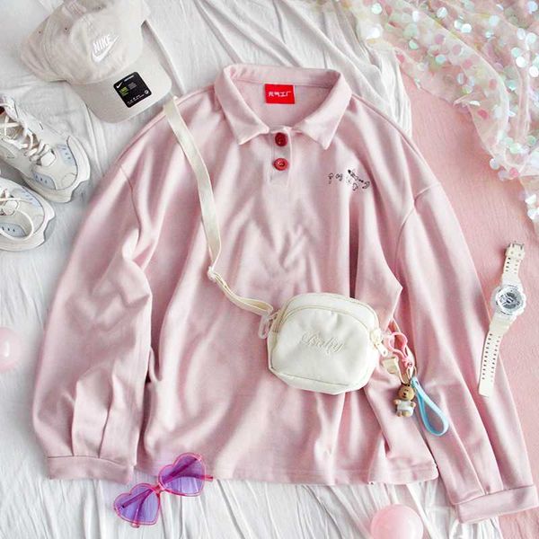 

spring autumn women lapel hoodie sweatshirt girls loose ins student korean harajuku bf retro soft sister cartoon pullover, Black