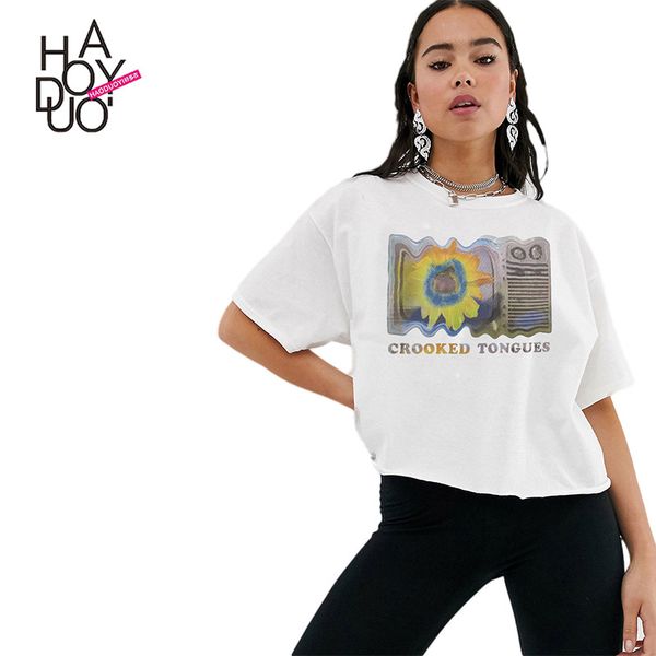 

haoduoyi casual crew neck plant flowers sunflower printed design-style pure white short sleeve t-shirt