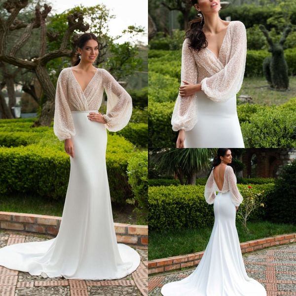 Bohemian Satin Meerjungfrau 2019 Brautkleider Langarm Perlen Top Sheer V-Ausschnitt Sexy Hochzeitskleid Pailletten Bling Bling Brautkleider