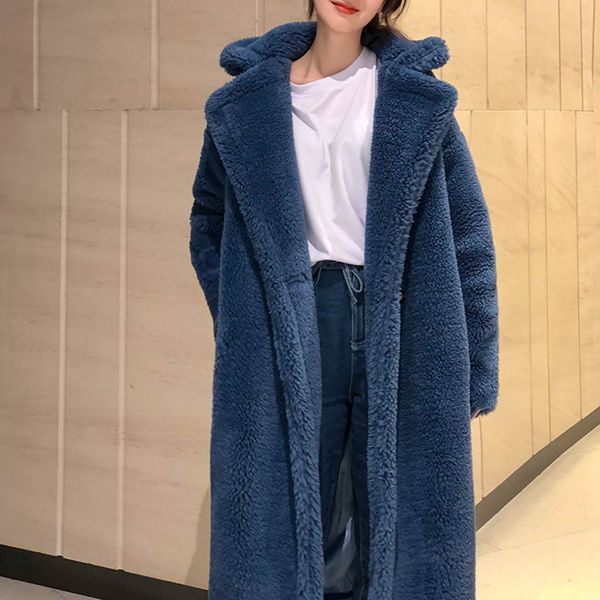 

7 colors s- casual women woolen teddy long coat womens 2018 winter solid color loose female thicking wool blends coat (q8010, Black