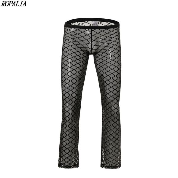 

men's mesh sheer see-through loose fit pants straight leg nightwear, Black