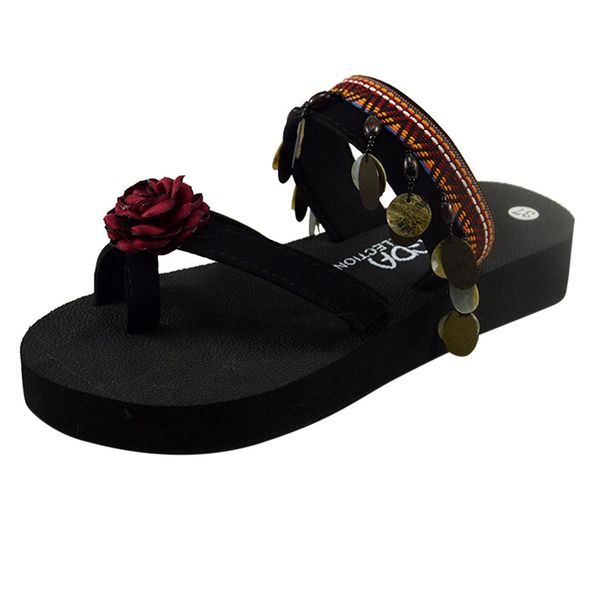 

sagaceladies home bathroom beach flip flops flower thick-bottomed fashion popular summer casual wear wedges beach slippers, Black