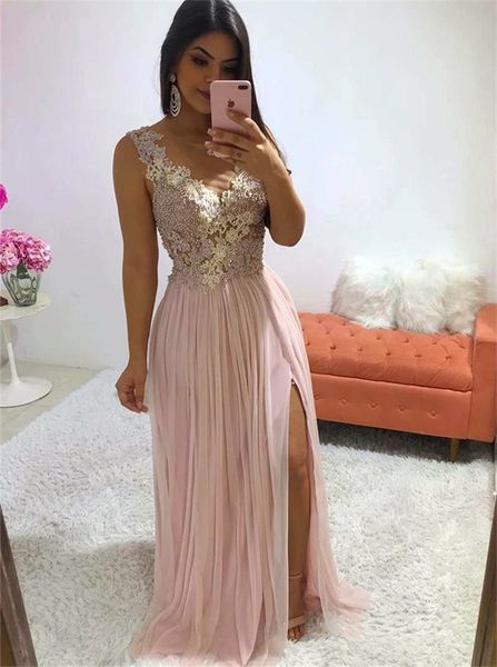 

illusion blush a-line tulle prom dresses long 2019 appliques sequined formal graduation party gown with slit robe de soiree, Black