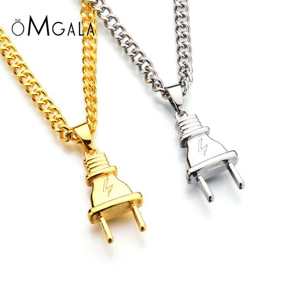 

omgala gold-color electrical plug shape pendant necklaces men women hip hop charm long chains iced out bling jewelry gifts, Silver